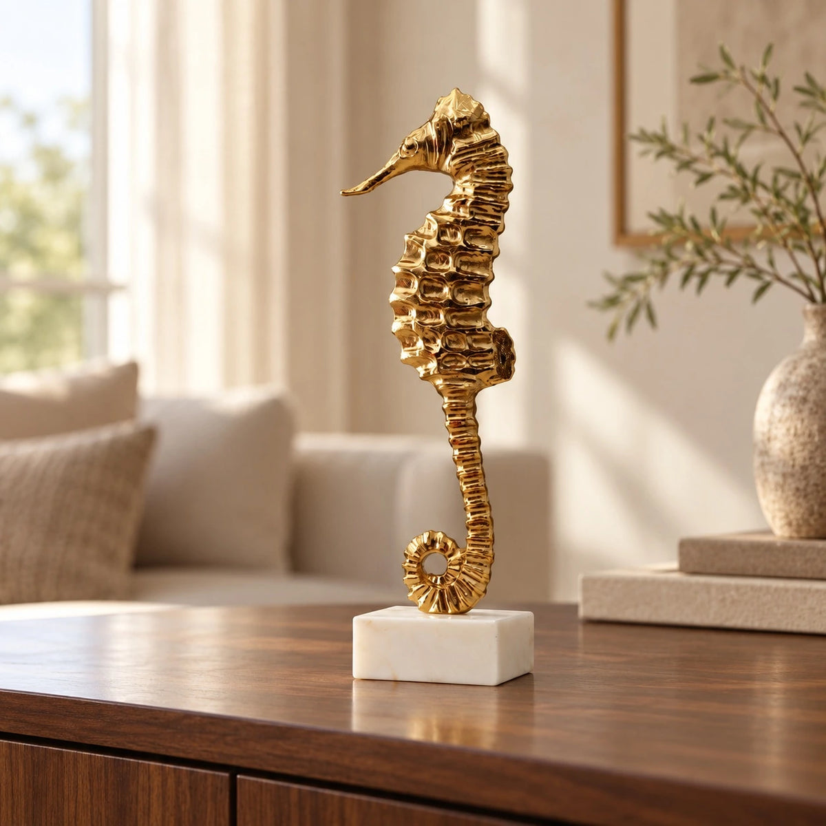 Caballito de mar en blanco y dorado – escultura decorativa
