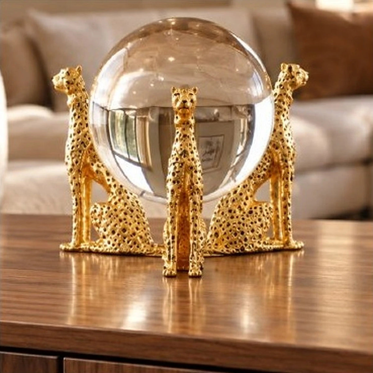 Decoración de mármol con 3 guepardos en transparente y dorado – adorno decorativo para sala