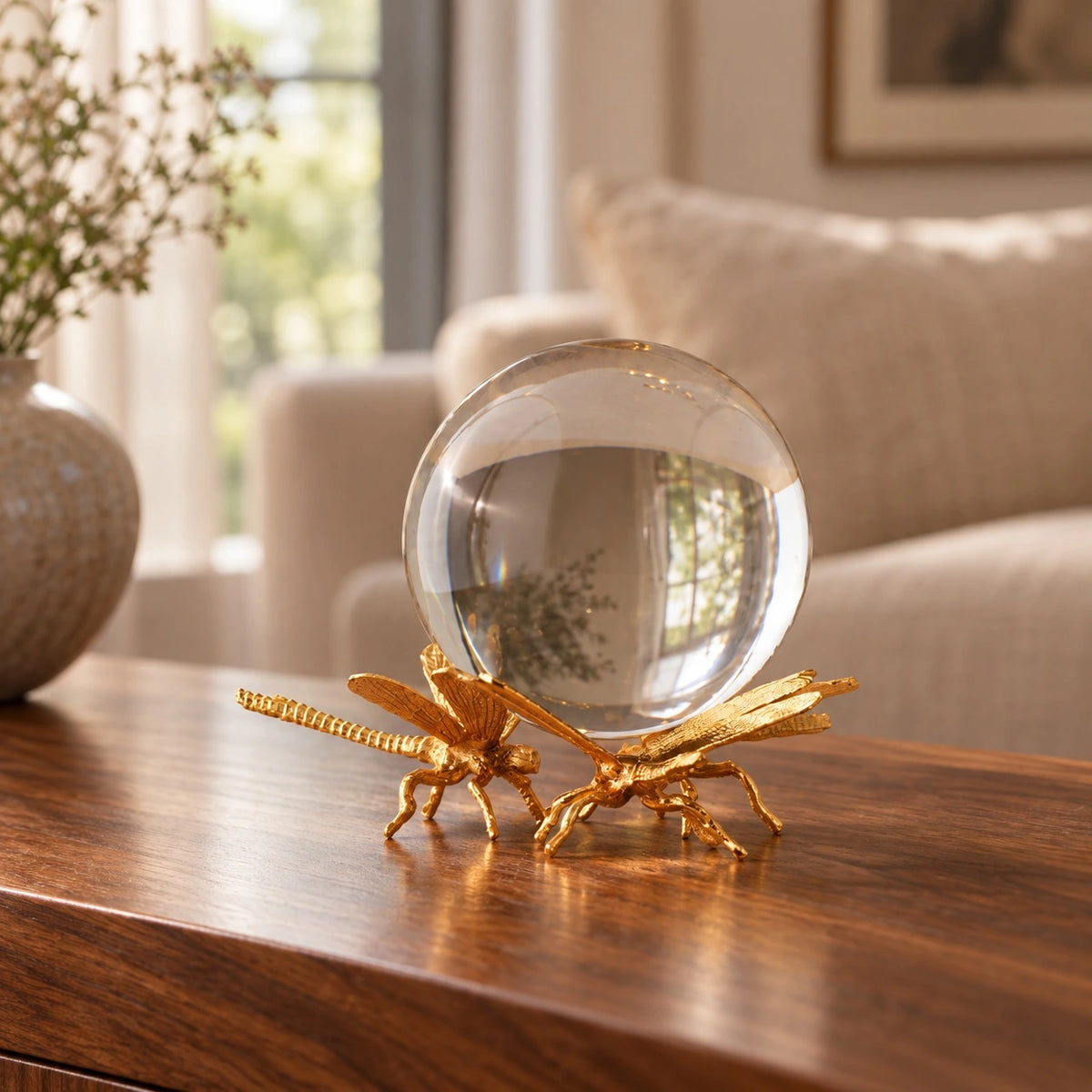 Esfera decorativa con 3 libélulas en dorado y transparente – adorno decorativo para sala