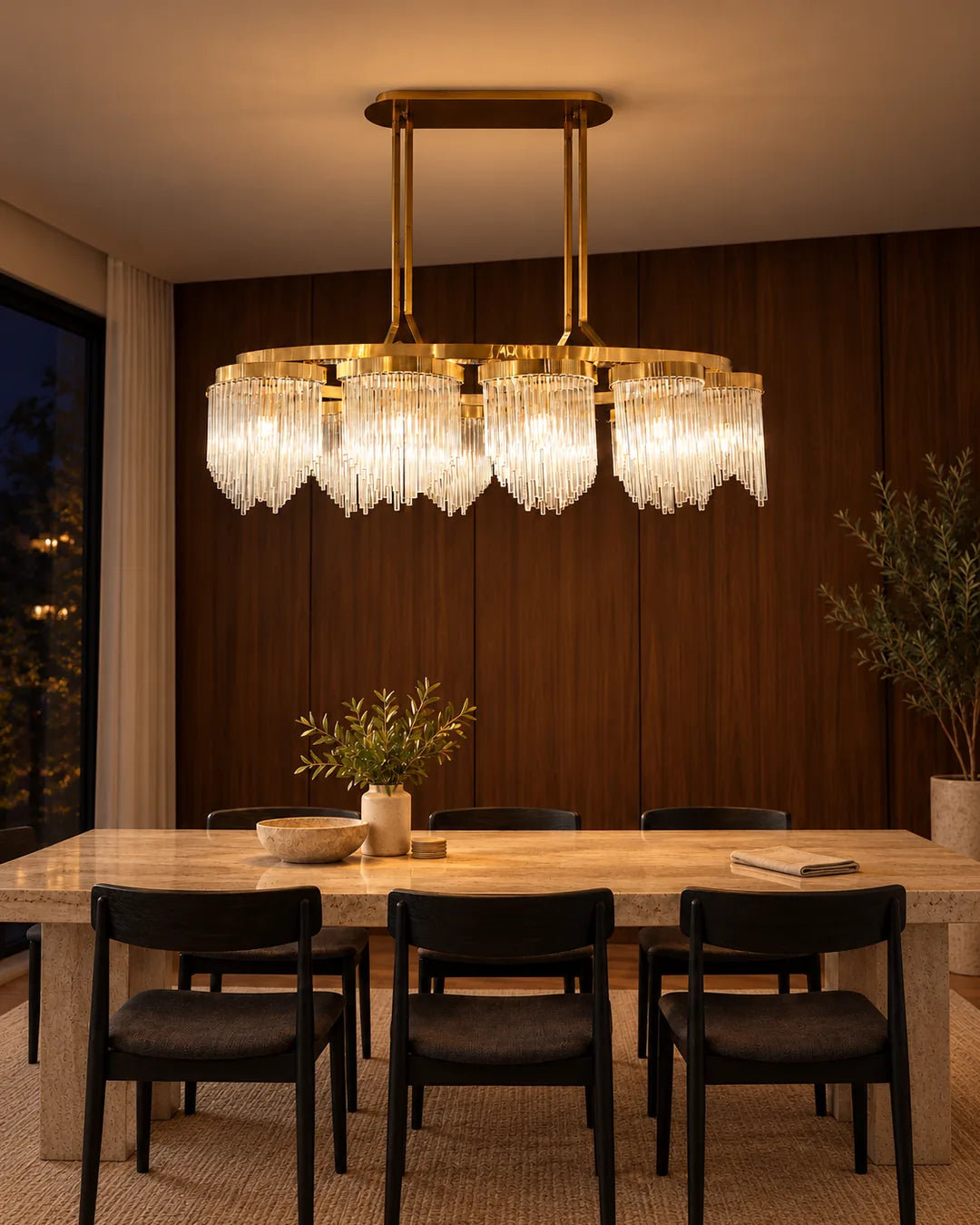 Lámpara colgante Cristal lineal 125 x 56 cm Dorado en ambiente de noche - UZAY Lima