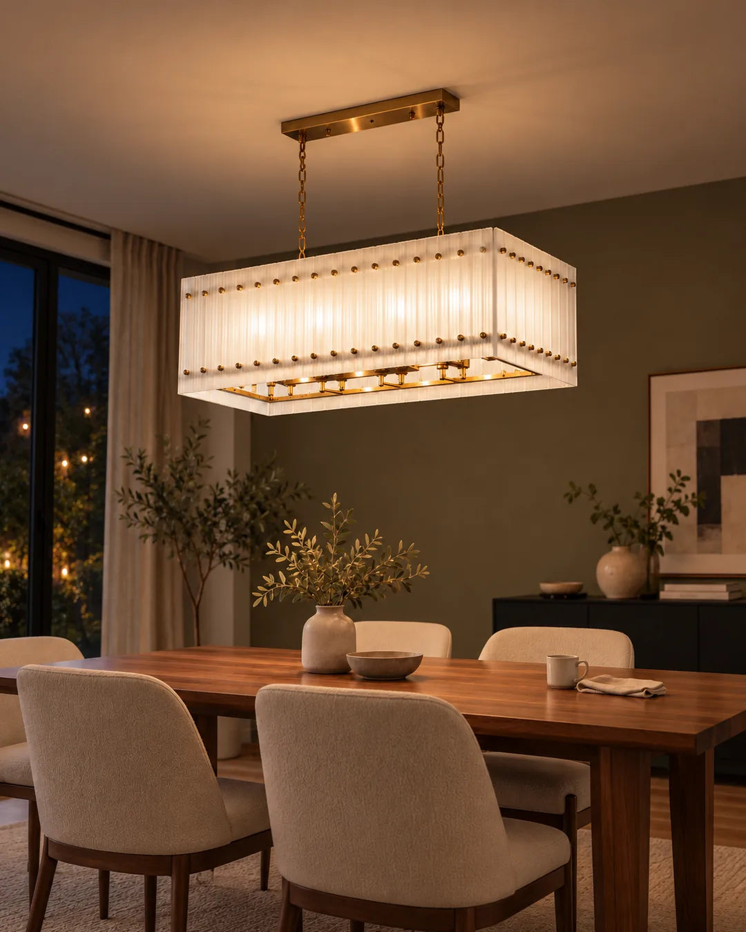Lámpara colgante Barlars 102 x 44 cm, 2 niveles Dorado en ambiente de noche - UZAY Lima