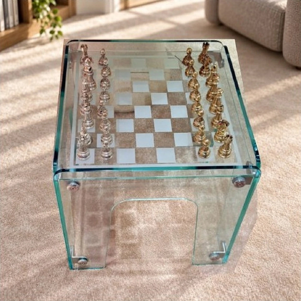 Set de ajedrez de vidrio en plateado y dorado – decoración de escritorio
