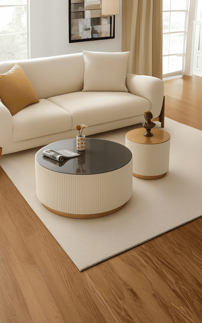 🏷️ Mesa de Centro Olivia con Espejo Ahumado – Diseño Ovalado y Cilíndrico