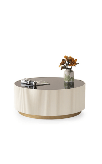 🏷️ Mesa de Centro Olivia con Espejo Ahumado – Diseño Ovalado y Cilíndrico