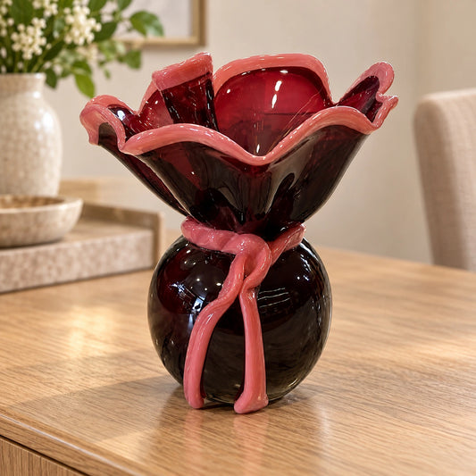 Bolsa de vidrio en ciruela con lazo rosa – adorno de vidrio soplado
