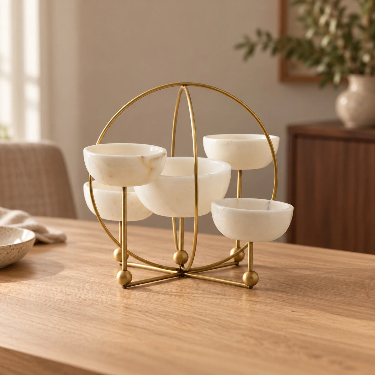 Botanero planetario con 5 bowls en blanco y dorado – centro de mesa decorativo