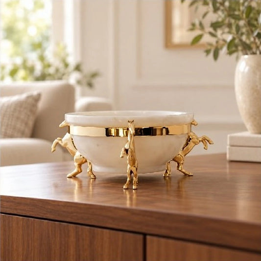 Bowl de mármol con aro y 3 caballos en blanco y dorado – centro de mesa decorativo