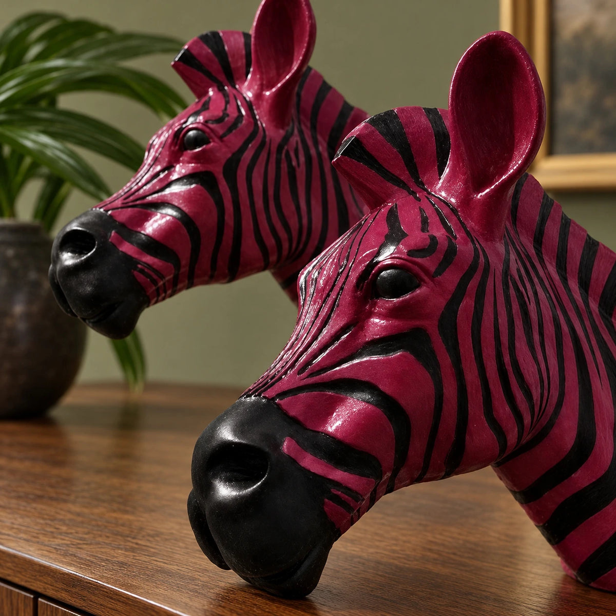 Cabeza de cebra en negro y ciruela – escultura decorativa