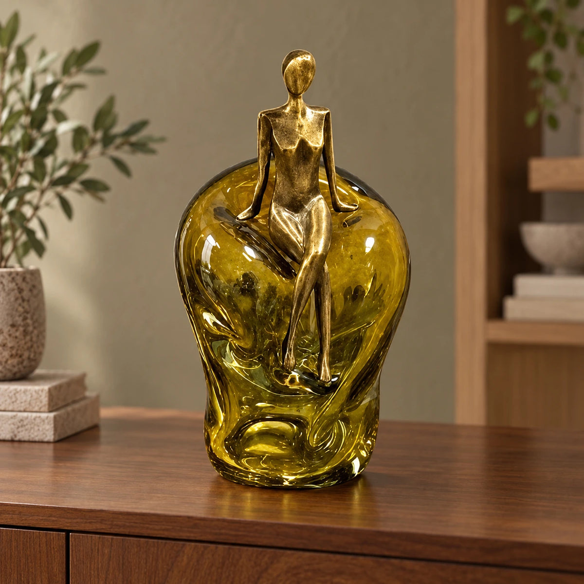 Decoración de vidrio con mujer sentada en verde oliva – adorno de vidrio soplado