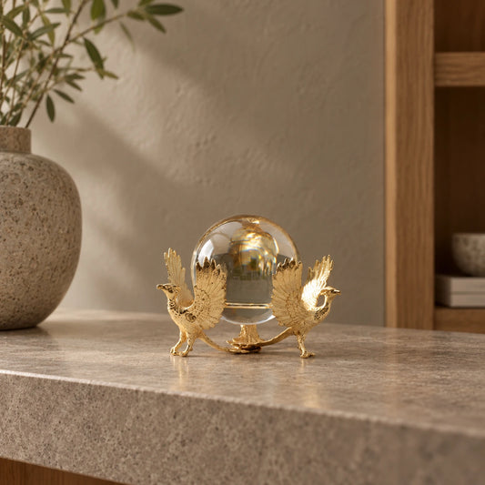 Esfera con 3 aves fénix en dorado y transparente – centro de mesa decorativo