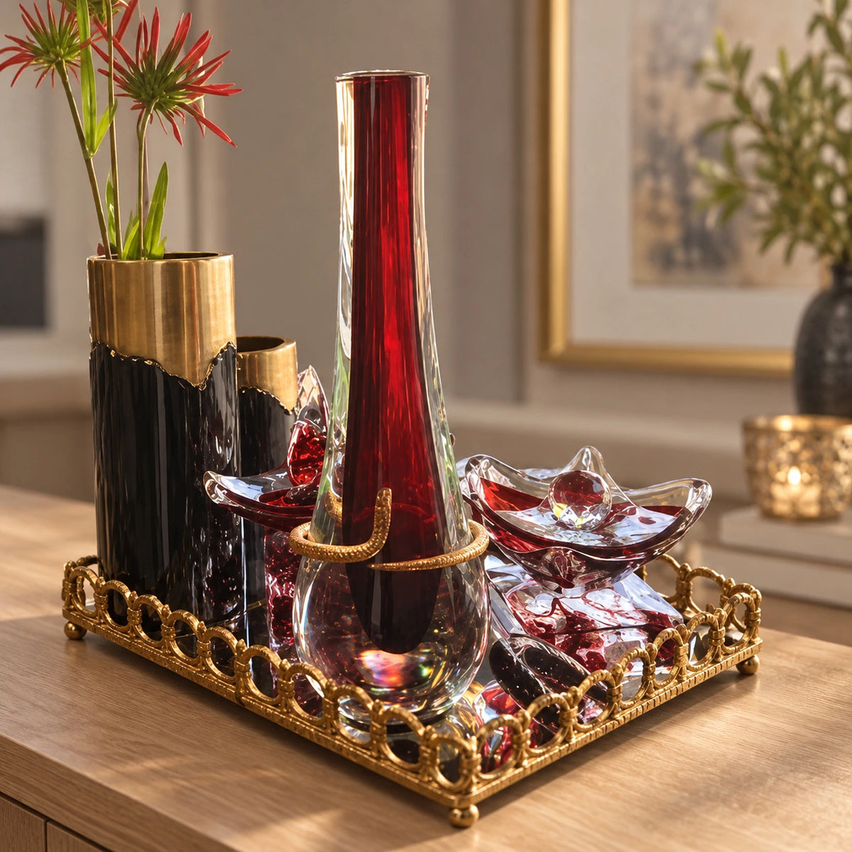 Jarrón de vidrio con serpiente en borgoña y dorado – florero decorativo