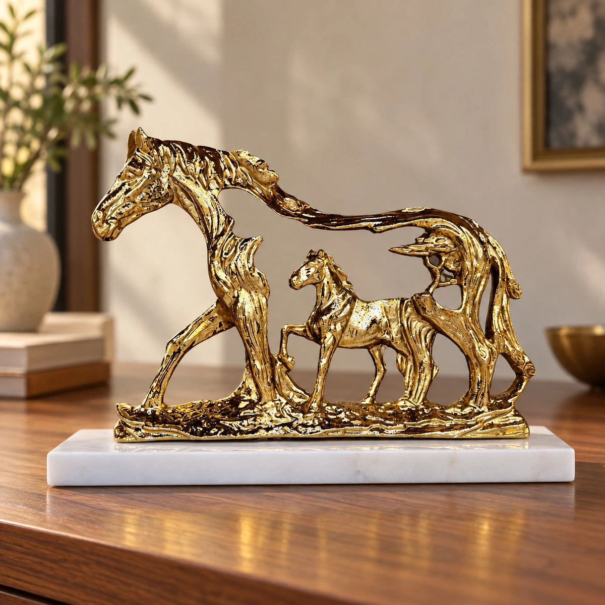 Juego de 2 caballos decorativos en blanco y dorado – adorno decorativo para sala