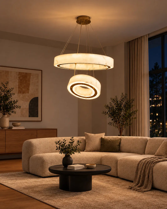 Lámpara colgante Loft 80 + 40 cm Dorado en ambiente de noche - UZAY Lima