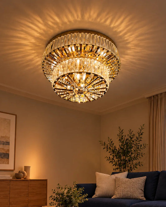 Semiplafón de cristal 60 + 42 cm Dorado en ambiente de noche - UZAY Lima