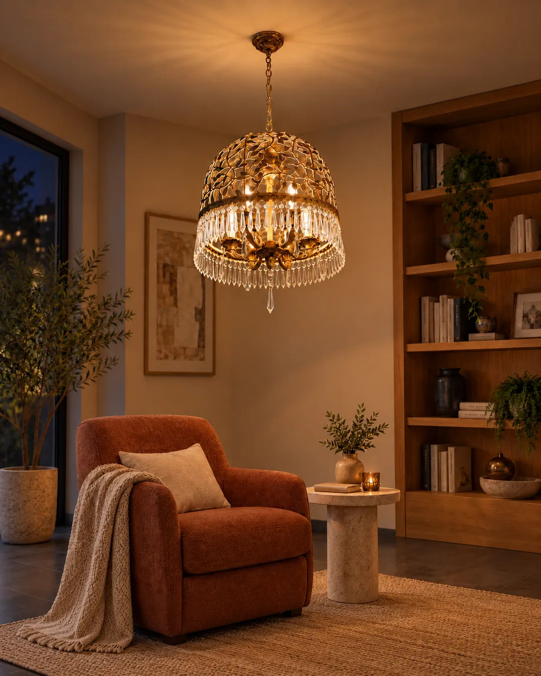 Lámpara colgante Jaula de cristal 43 cm de diámetro Bronce en ambiente de noche - UZAY Lima