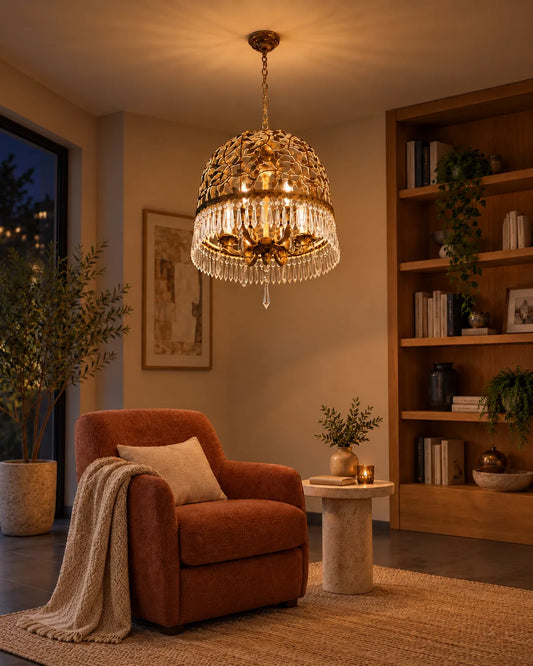Lámpara colgante Jaula de cristal 43 cm de diámetro Bronce en ambiente de noche - UZAY Lima
