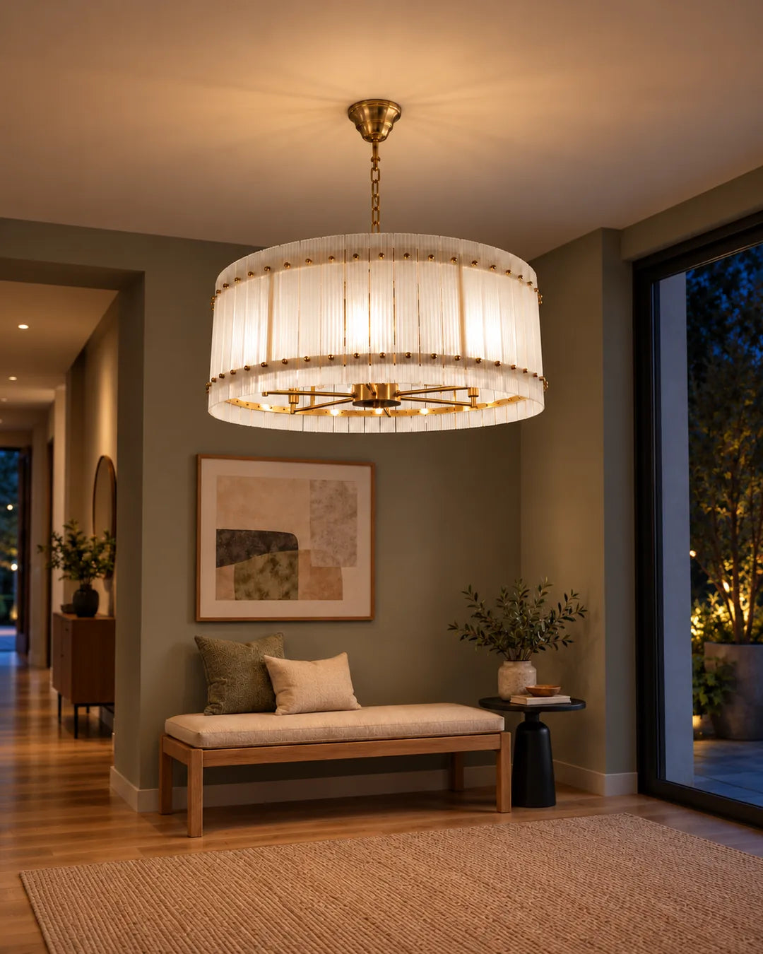 Lámpara colgante Tambor de cristal 83 cm Dorado en ambiente de noche - UZAY Lima