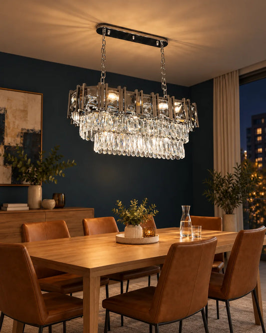 Lámpara colgante Oval de cristal 88 x 34 cm Cromo en ambiente de noche - UZAY Lima