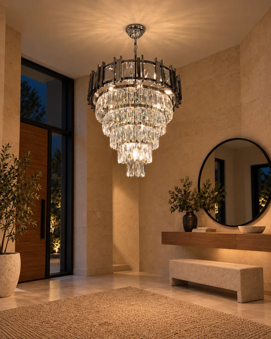 Lámpara colgante Cascada de cristal 65 + 12 cm Plata en ambiente de noche - UZAY Lima