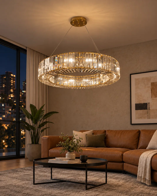 Lámpara colgante Anillo de cristal 92 cm Dorado titanio en ambiente de noche - UZAY Lima