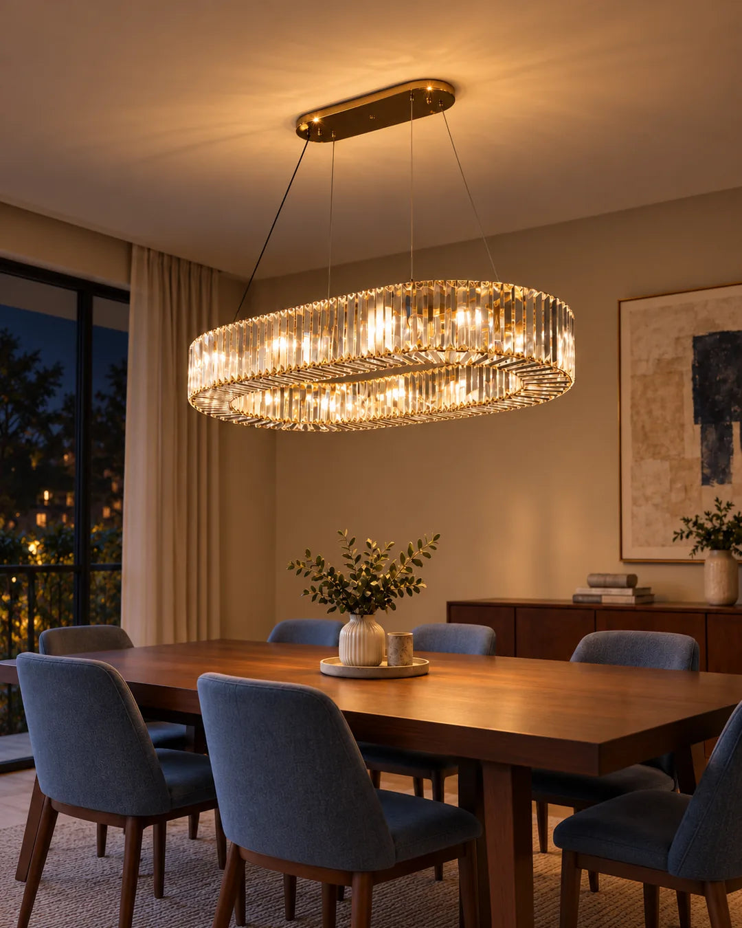 Lámpara colgante Óvalo de cristal 113 x 53 cm Dorado titanio en ambiente de noche - UZAY Lima