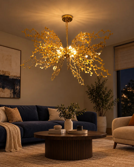 Lámpara colgante Mercan diámetro 110 cm Dorado brillante en ambiente de noche - UZAY Lima
