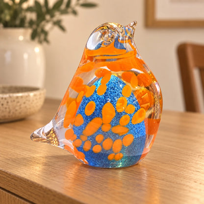 Pájaro de vidrio en azul y naranja – adorno de vidrio soplado