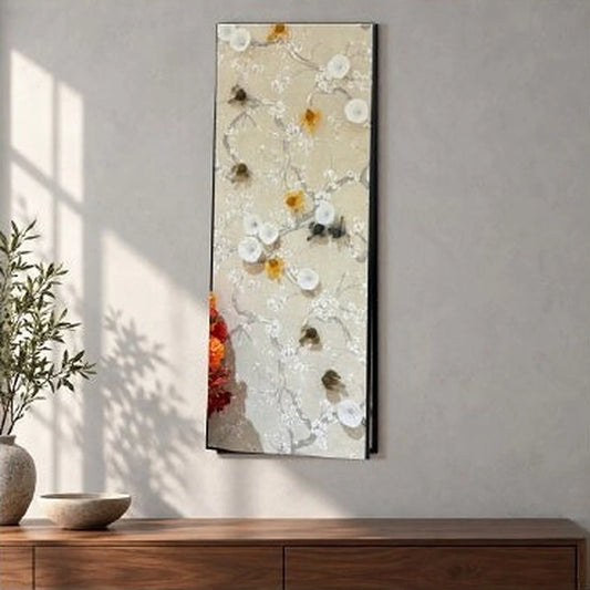 Panel de pared con pájaros y flores de vidrio en verde oliva, ámbar y blanco – decoración de pared