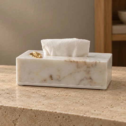 Servilletero de mármol en blanco y dorado – decoración para mesa de centro