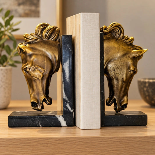 Sujetalibros con cabezas de caballo en negro envejecido – decoración de escritorio