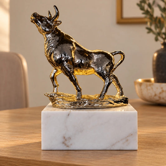 Toro decorativo XL en blanco y dorado – adorno decorativo para sala